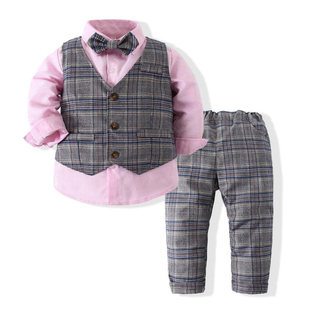 Baby Boy Set Suits Solid Color Plaid Vest Formal 4 Pcs Set