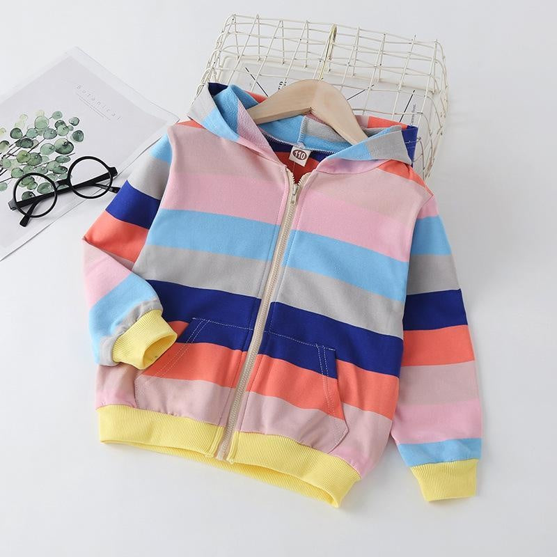 Autumn Baby Girls Jacket Kids Rainbow Stripe Long Sleeve Coat