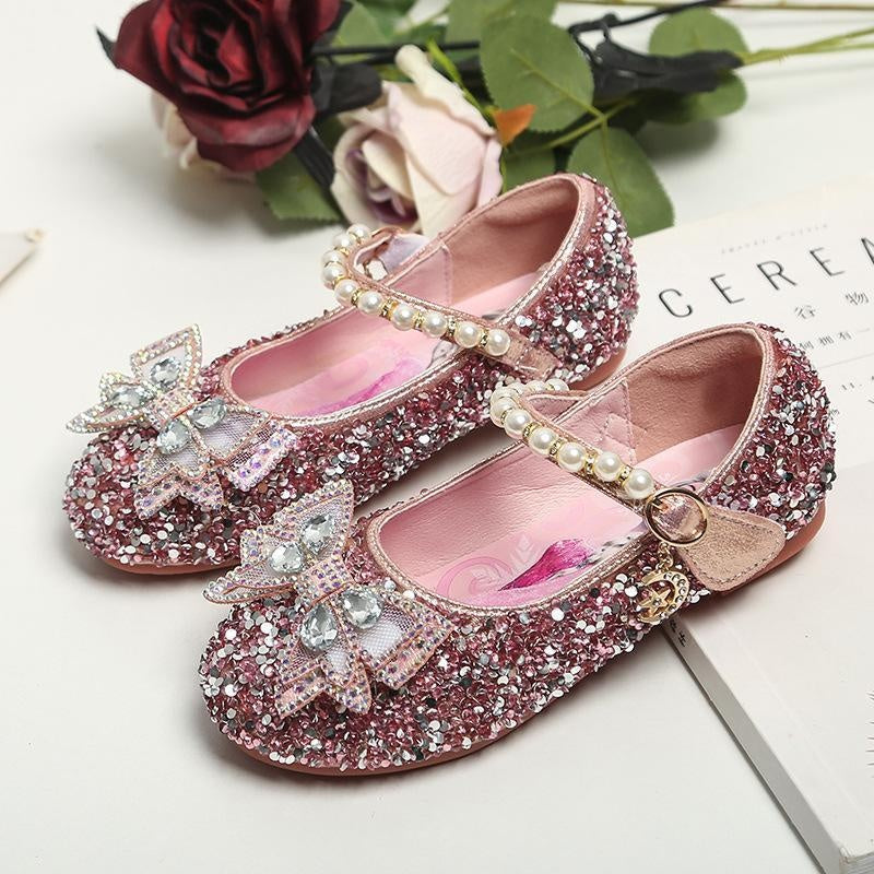 Girl's Small Leather Shoes with Crystal Bow and Sequined Children's Shoes