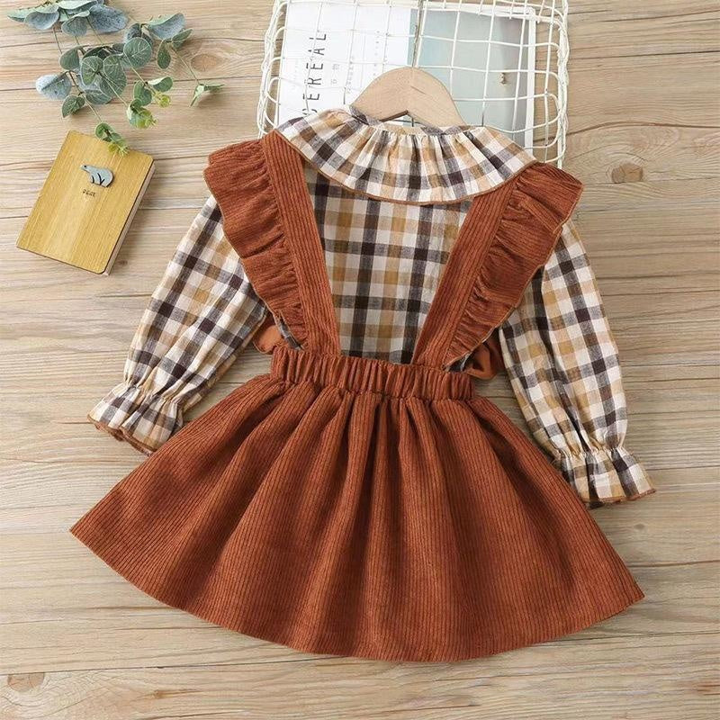 Autumn Toddler Baby Girls Sets Plaid Ruffle Tops Suspender Skirt 2pcs Sets - MomyMall