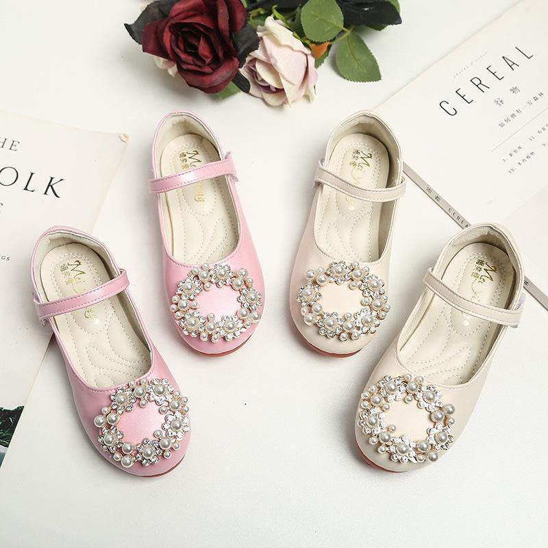 Kid Girl Pearl Flower Girl Chaussures plates en cuir Princess Shoes 