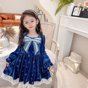 Kid Girl Lolita Autumn Long Sleeves Christmas Princess Dress - MomyMall Blue / 2-3 Years