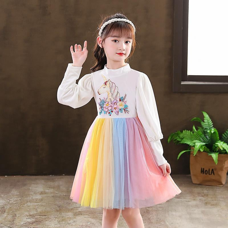 Herbst Winter Langarm Mädchen Einhorn Regenbogen Mesh Kleid