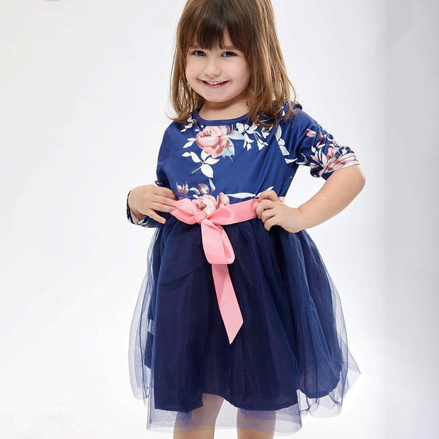 Family MatchingParent-child Dress Flower Printing Mosaic Mesh Dress