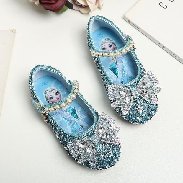 Girl's Small Leather Shoes with Crystal Bow and Sequined Children's Shoes