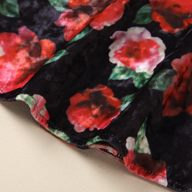 Spring New GirlBlack Long Sleeve Pit Strip Stitched Printed Velvet Dress 1-6Y