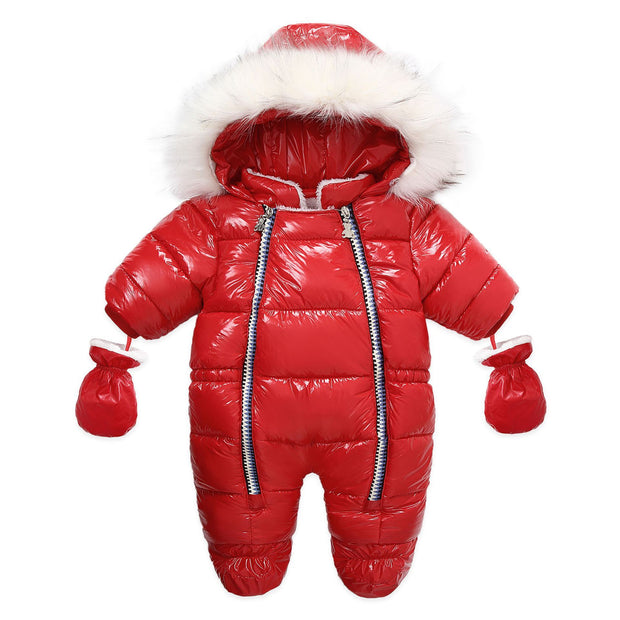 Infant Newborn Baby Winter Warm Hooded Romper Solid Color Overalls Jumpsuit - MomyMall Red / 6-9 Months