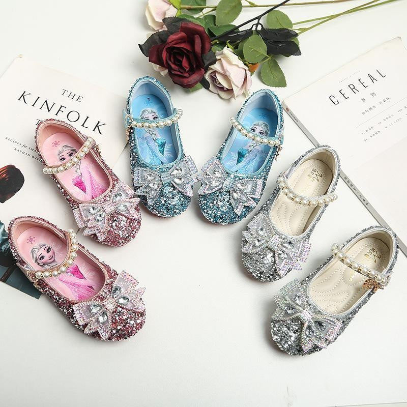 Girl's Small Leather Shoes with Crystal Bow and Sequined Children's Shoes