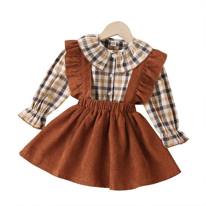 Autumn Toddler Baby Girls Sets Plaid Ruffle Tops Suspender Skirt 2pcs Sets - MomyMall style1 / 1-2Y