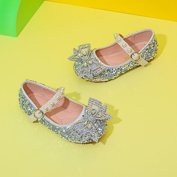 Girl Pearl Rhinestone Bow Shoes - MomyMall