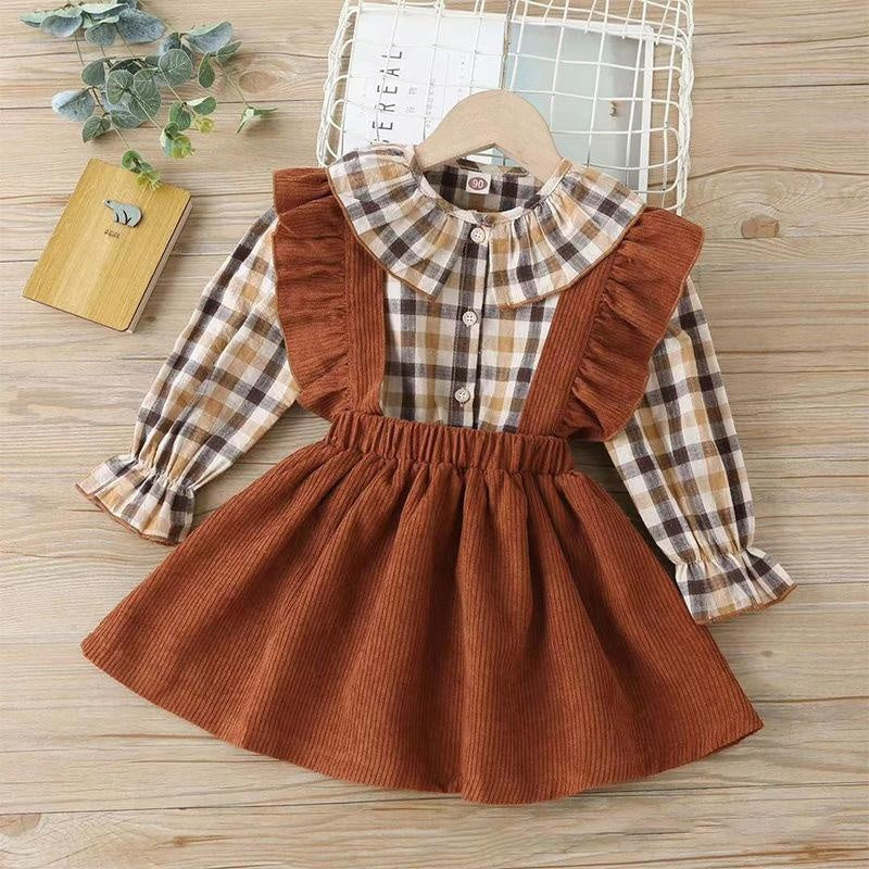 Autumn Toddler Baby Girls Sets Plaid Ruffle Tops Suspender Skirt 2pcs Sets - MomyMall