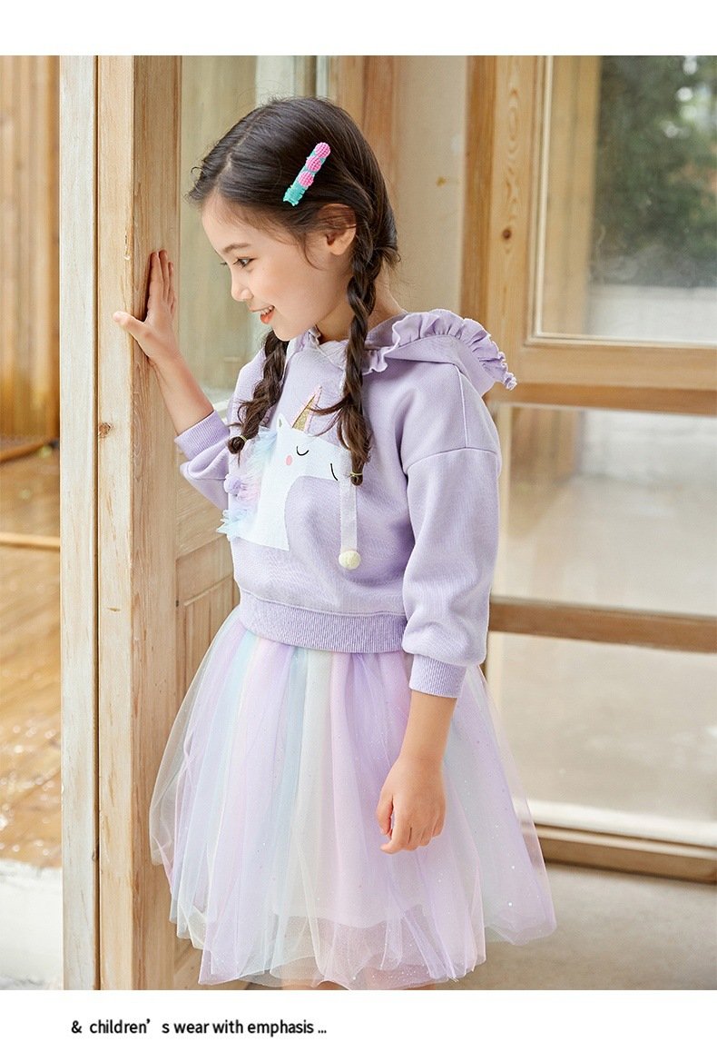 Girls Autumn Fashion Suit Rainbow Unicorn Mesh 2 Pcs Set - MomyMall