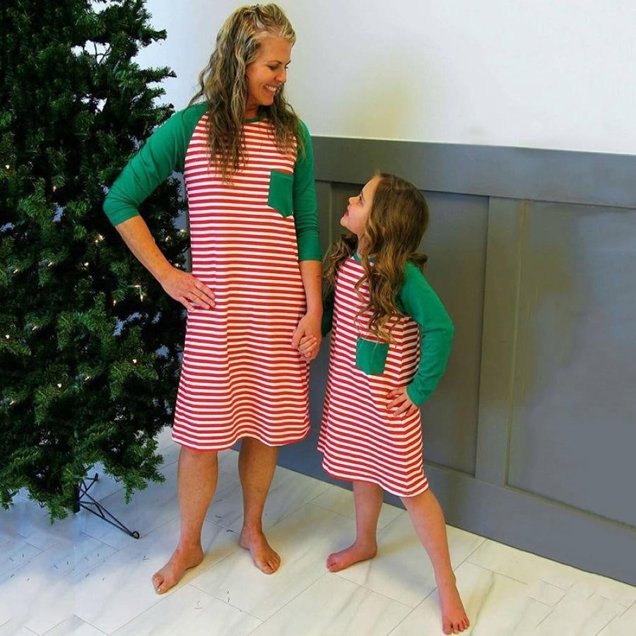 Family Matching Long-sleeved Christmas Striped Dress