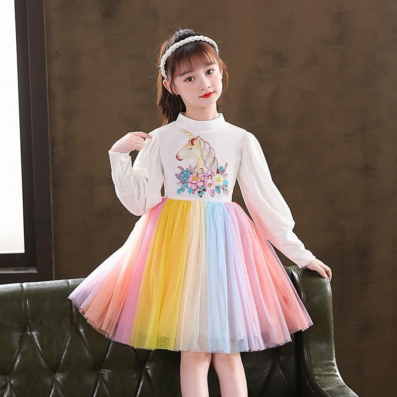 Autumn Winter Long Sleeve Girls Unicorn Rainbow Mesh Dress