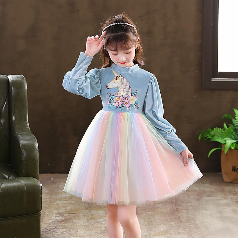 Autumn Winter Long Sleeve Girls Unicorn Rainbow Mesh Dress