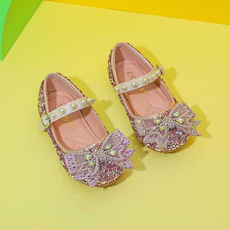 Girl Pearl Rhinestone Bow Shoes - MomyMall