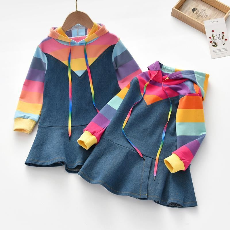 Autumn New Little Girl Rainbow Denim Dress - MomyMall