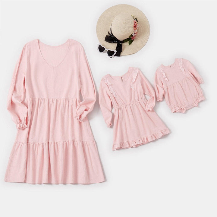Family Matching Parent-child Long-sleeved Ruffled Mother Daughter Dress - MomyMall Pink / S