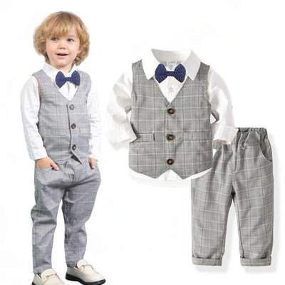 Gentleman Baby Boy Set Plaid Fashion Suits Formal 2 Pcs - MomyMall gray / 1-2 Years