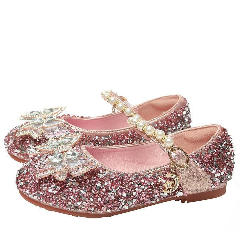 Girl's Small Leather Shoes with Crystal Bow and Sequined Children's Shoes