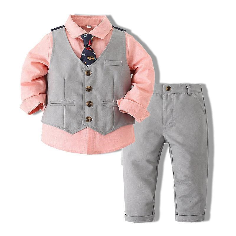 Baby Boy Suit Long Sleeve Pink 3Pcs Gentleman Formal Set - MomyMall Pink / 3-6 Months