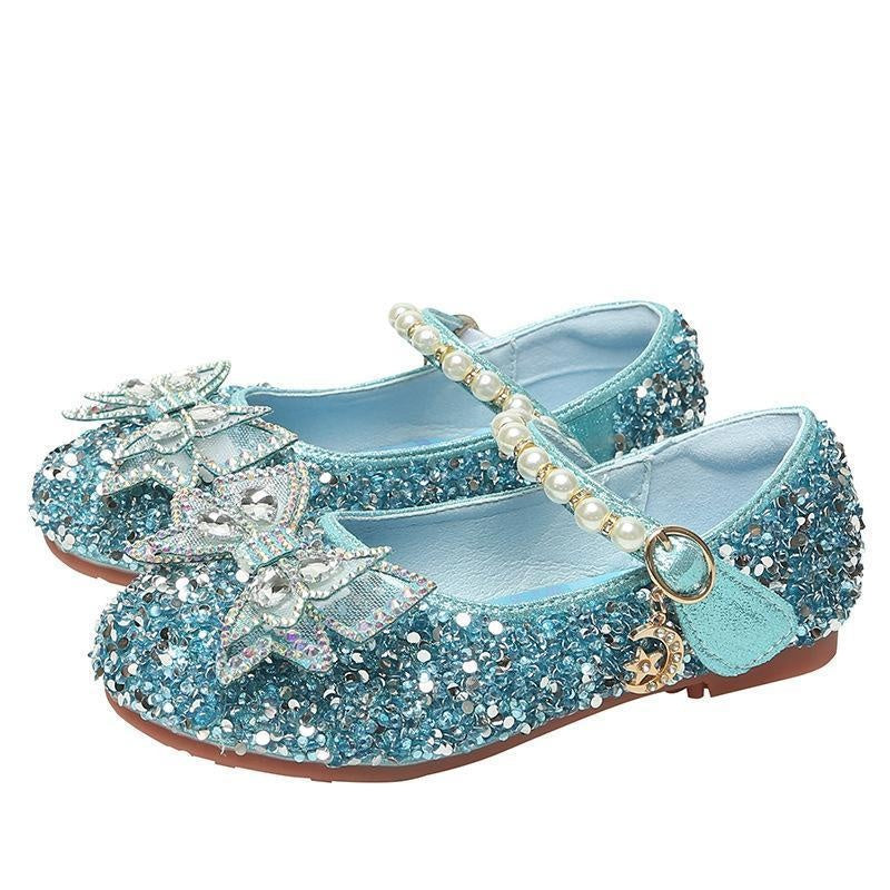 Girl's Small Leather Shoes with Crystal Bow and Sequined Children's Shoes