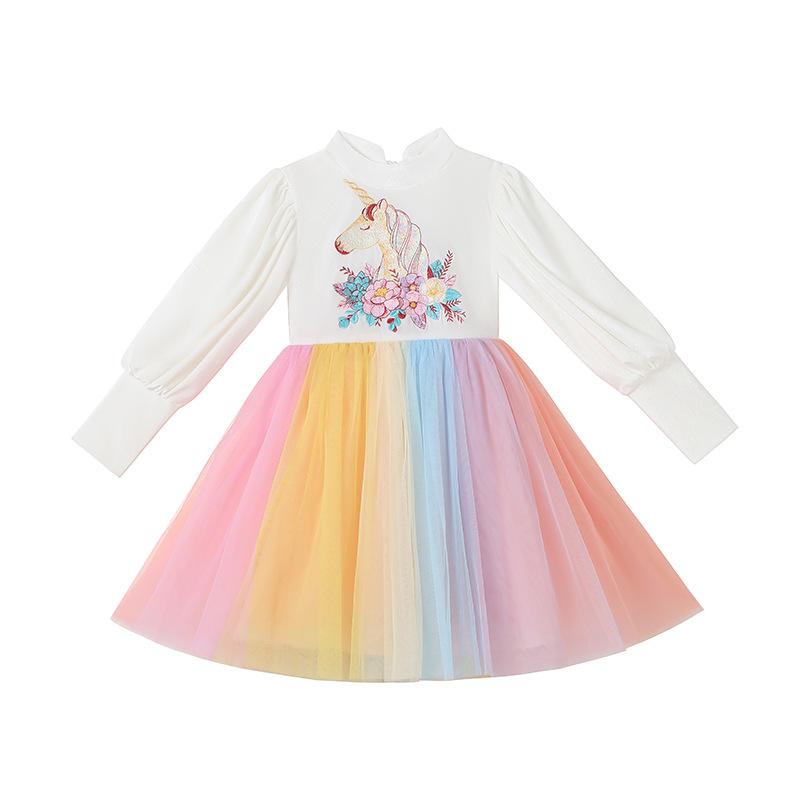 Autumn Winter Long Sleeve Girls Unicorn Rainbow Mesh Dress