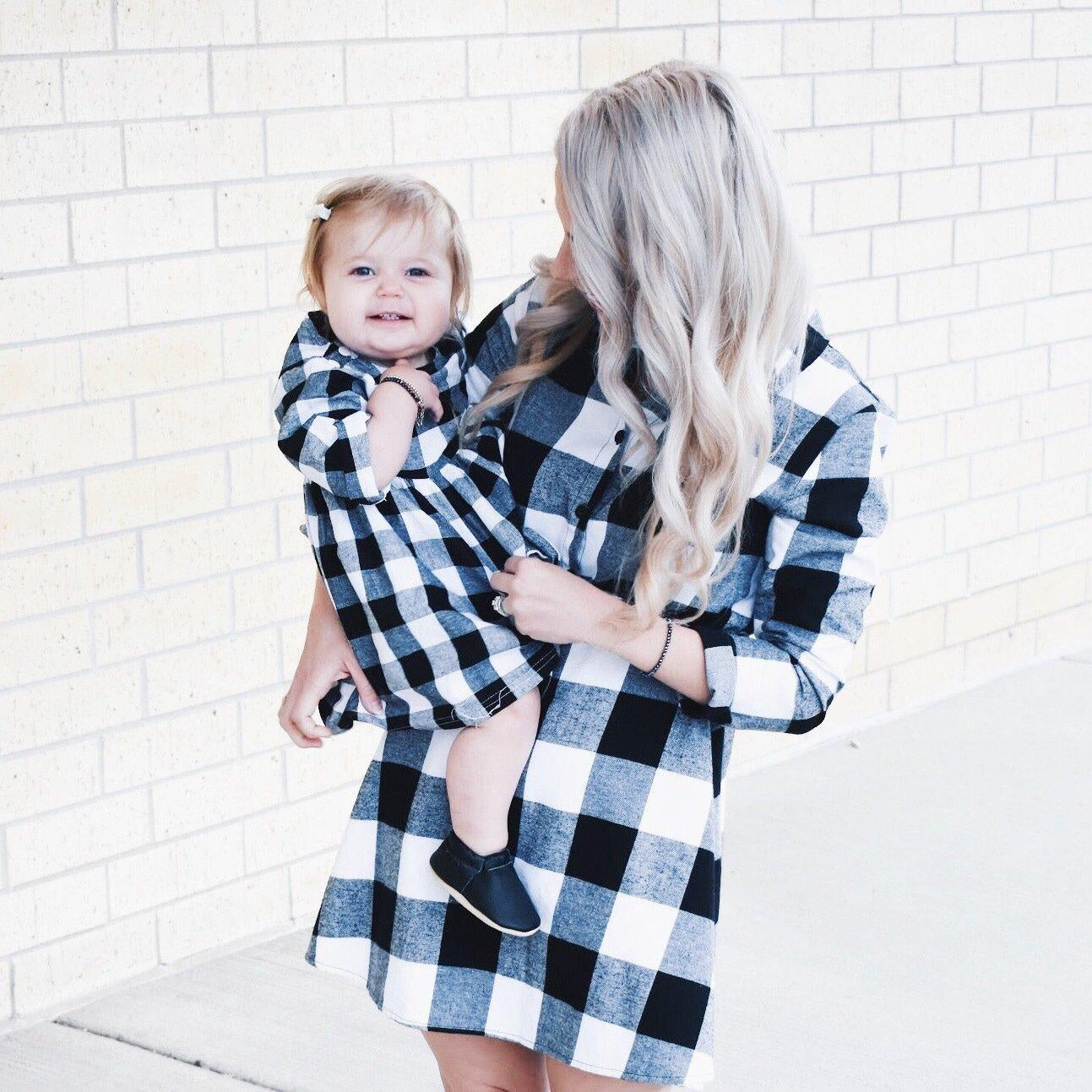 Family Matching Parent Child Dress Stripe Printed Long Sleeve Round Dress