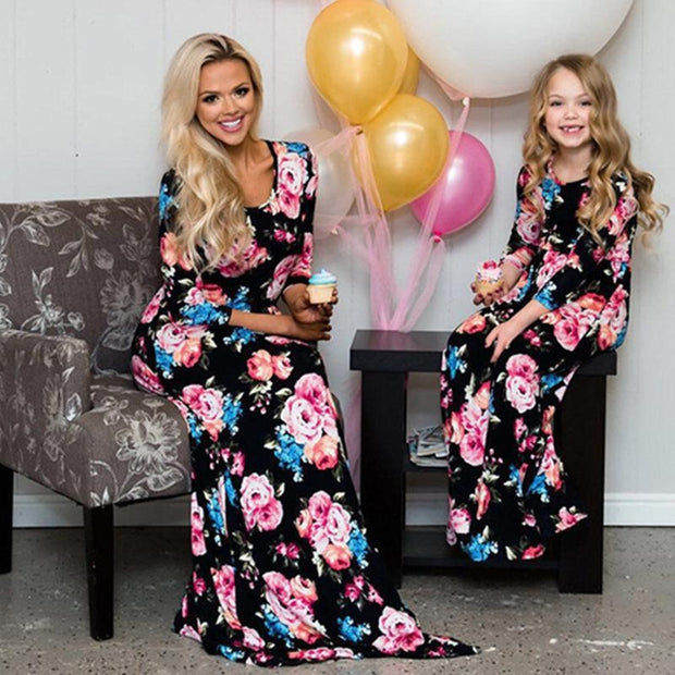 Family Maatching Long-sleeved Floral Print Long Dress - MomyMall Type1 / S
