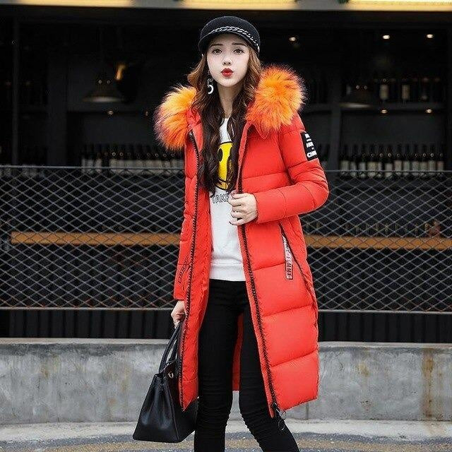 Long Winter Down Coat with Fur Hood