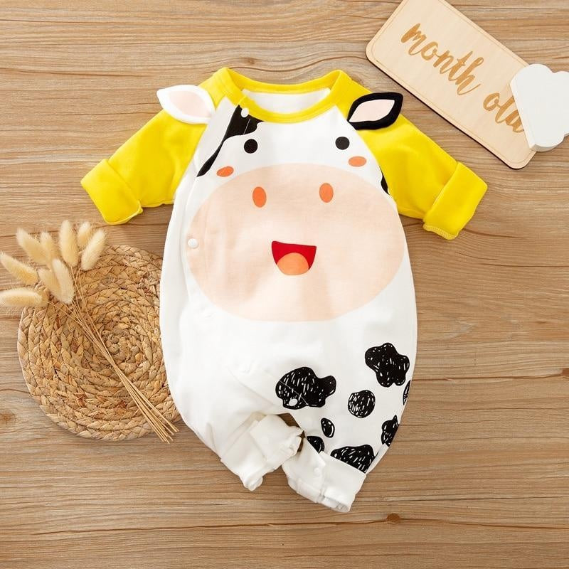 Nouvelle arrivée automne et printemps bébé barboteuse adorable vache épissure combinaison