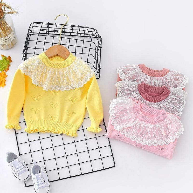 Autumn Winter Toddler Baby Girl Lace Collar Ruffled Solid Knitted Sweater - MomyMall