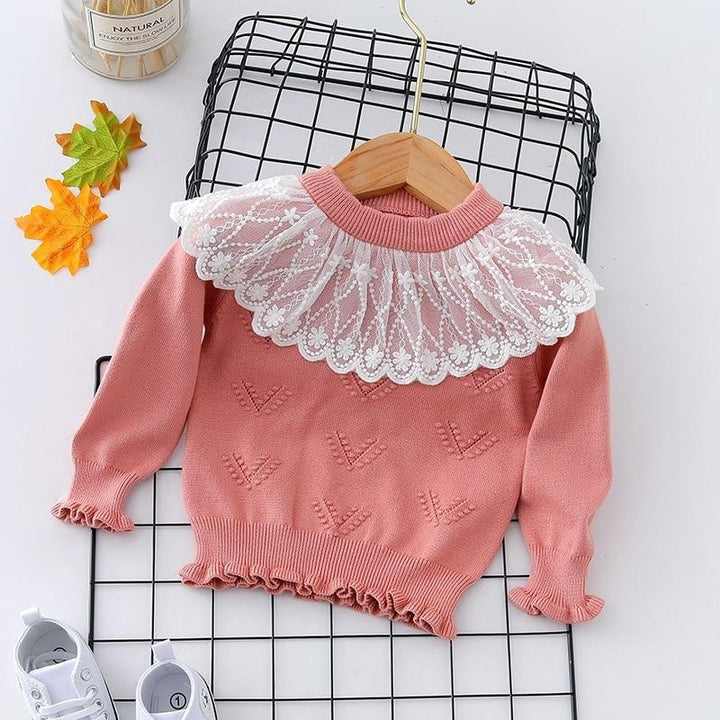 Autumn Winter Toddler Baby Girl Lace Collar Ruffled Solid Knitted Sweater - MomyMall Apricot / 18-24 Months