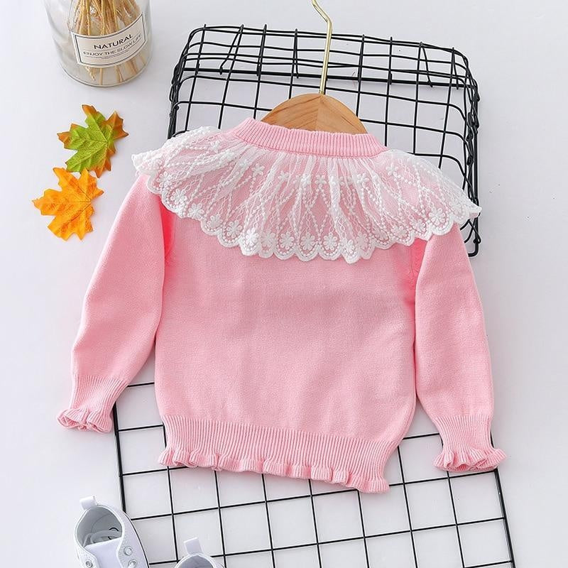 Autumn Winter Toddler Baby Girl Lace Collar Ruffled Solid Knitted Sweater - MomyMall Pink / 18-24 Months