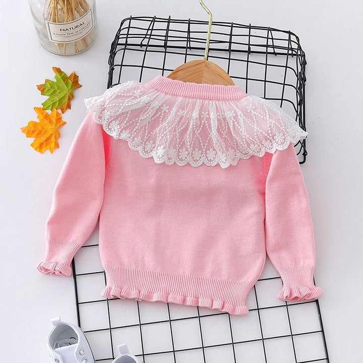 Autumn Winter Toddler Baby Girl Lace Collar Ruffled Solid Knitted Sweater - MomyMall Pink / 18-24 Months