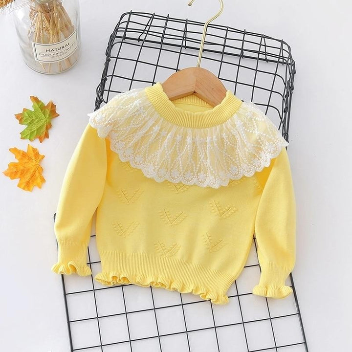 Autumn Winter Toddler Baby Girl Lace Collar Ruffled Solid Knitted Sweater - MomyMall Yellow / 18-24 Months