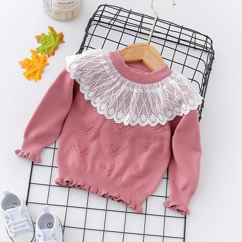 Autumn Winter Toddler Baby Girl Lace Collar Ruffled Solid Knitted Sweater - MomyMall