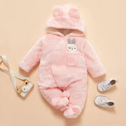 Winter Baby Solid Fleece Rabbit Hooded Jumpsuit Romper - MomyMall Pink / Newborn