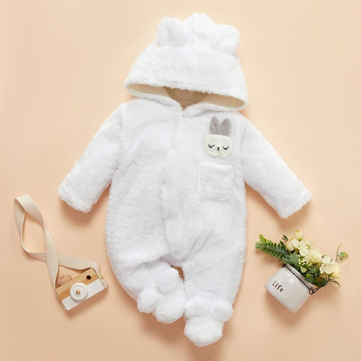 Winter Baby Solid Fleece Rabbit Hooded Jumpsuit Romper - MomyMall White / Newborn