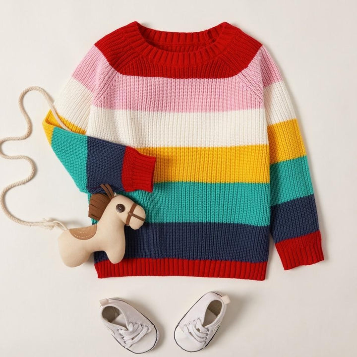 Toddler Girl Tops Winter Colorful Striped Knitted Thermal Sweater - MomyMall Pink Multi / 2-3 Years
