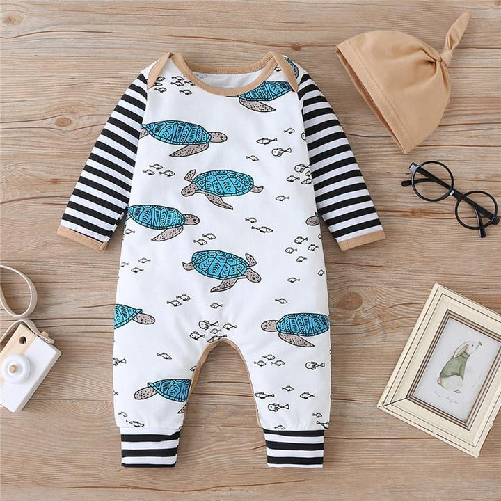 New Autumn and Spring Baby Turtle Striped Romper with Hat 2 Pcs Set - MomyMall White / 0-3 Months