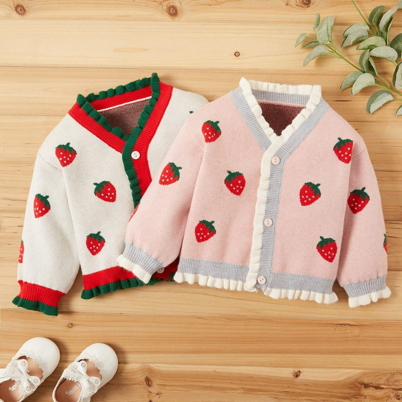 Baby Girl Winter Sweet Strawberry Sweaters Knit Button Sweater - MomyMall