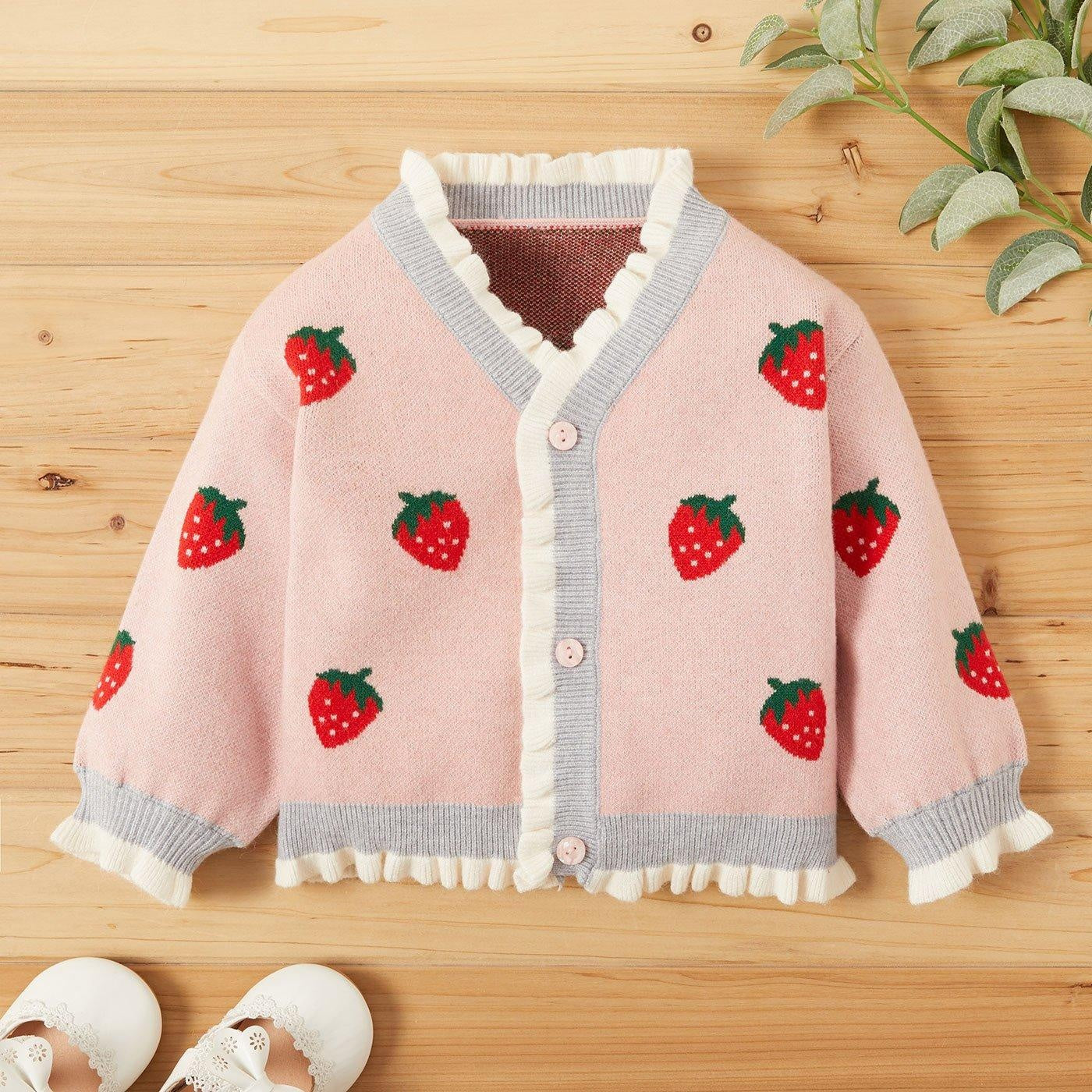 Baby Girl Winter Sweet Strawberry Sweaters Knit Button Sweater - MomyMall