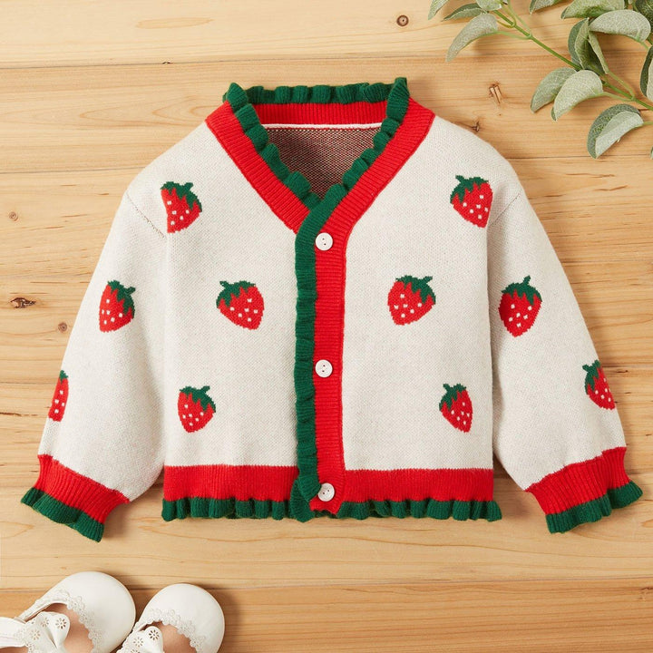 Baby Girl Winter Sweet Strawberry Sweaters Knit Button Sweater - MomyMall White / 0-3 Months