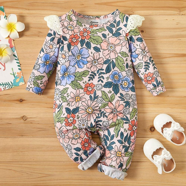 Baby Girl Spring Autumn Baby Floral Lace Decor Romper Jumpsuits - MomyMall Color block / 0-3 Months