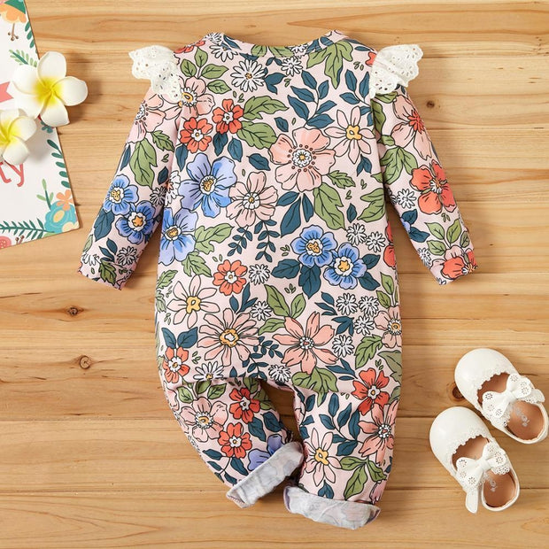 Baby Girl Spring Autumn Baby Floral Lace Decor Romper Jumpsuits - MomyMall
