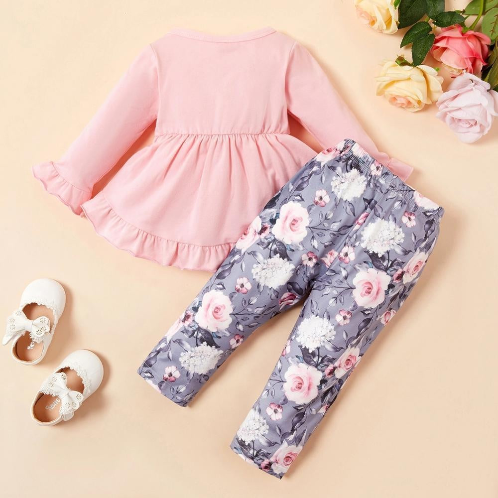 Baby Girls Solid Set Flower Print 2 Pcs Outfits