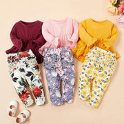 Baby Girls Solid Set Flower Print 2 Pcs Outfits