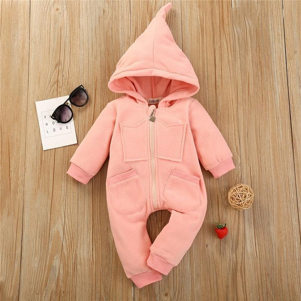 Baby Solid Warm Hooded Jumpsuit Long- Sleeves Rompers - MomyMall Pink / Newborn