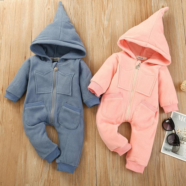 Baby Solid Warm Hooded Jumpsuit Long- Sleeves Rompers - MomyMall